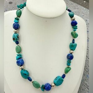 Southwestern Turquoise Denim Lapis Sterling Necklace 17-20” Chunky Artisan 39gr